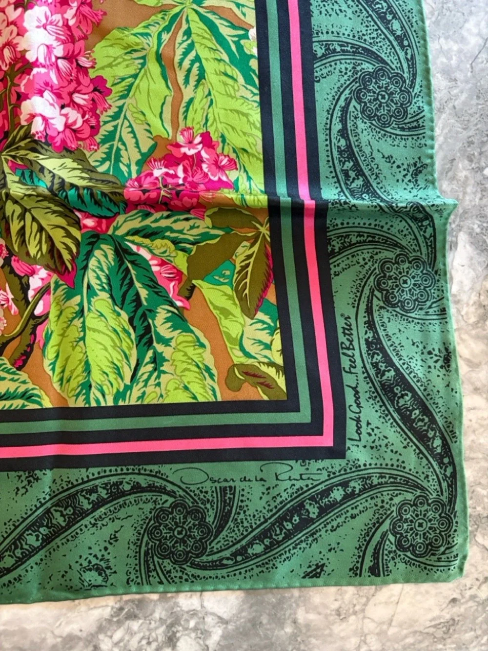 Vintage Oscar de la Renta Floral Green and Pink Silk Square Scarf